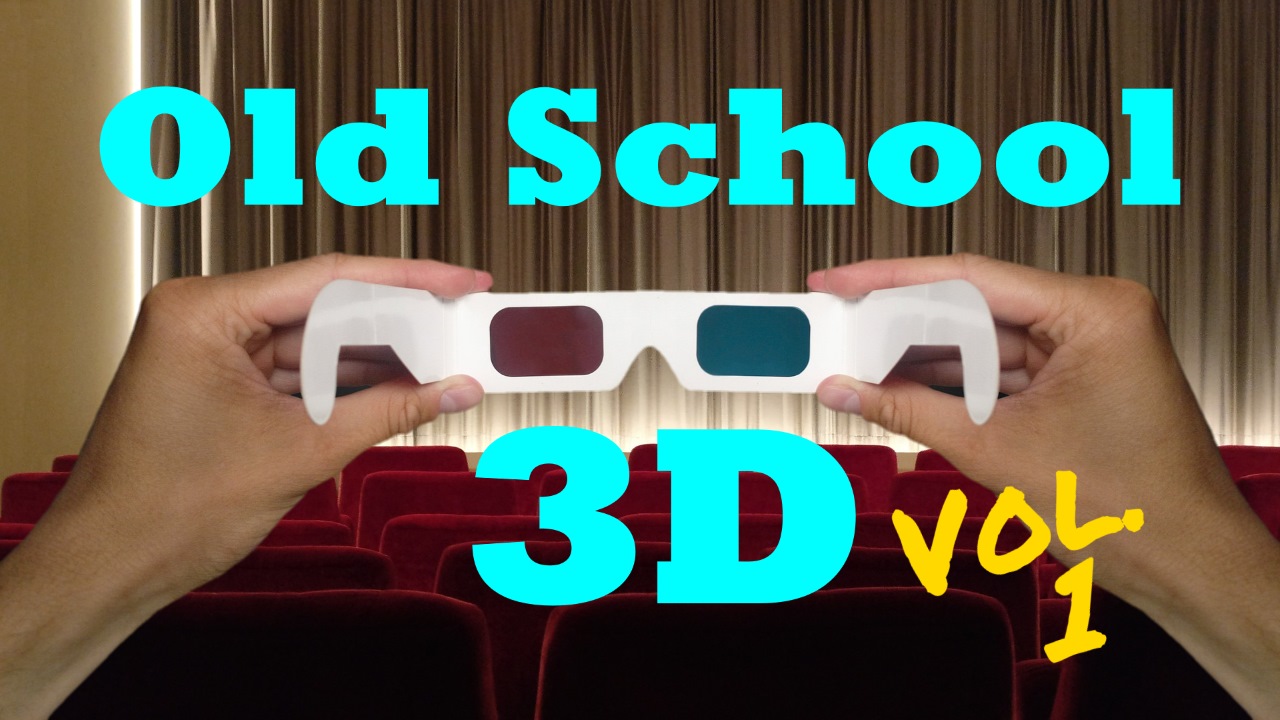 HD Splash Logo for Old School 3D Vol. 3; hands holding up paper 3D glasses in theater